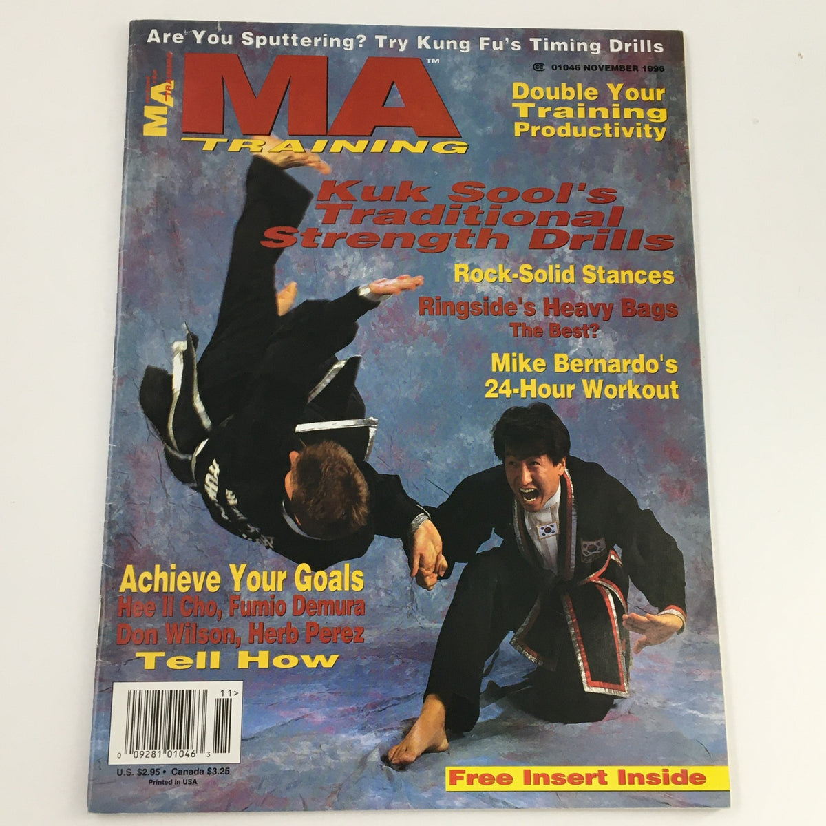 MA Training Magazine November 1996 cover showcasing Mike Bernardo's 24-Hour Workout and martial arts training, highlighting strength drills and fitness advice.