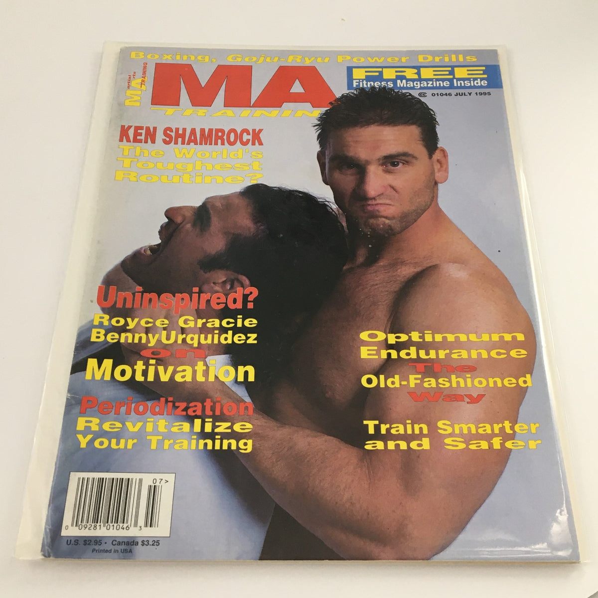 MA Training Magazine July 1995 featuring Ken Shamrock on the cover, showcasing the article 'The World's Toughest Routine?' along with highlights on motivation and training techniques.