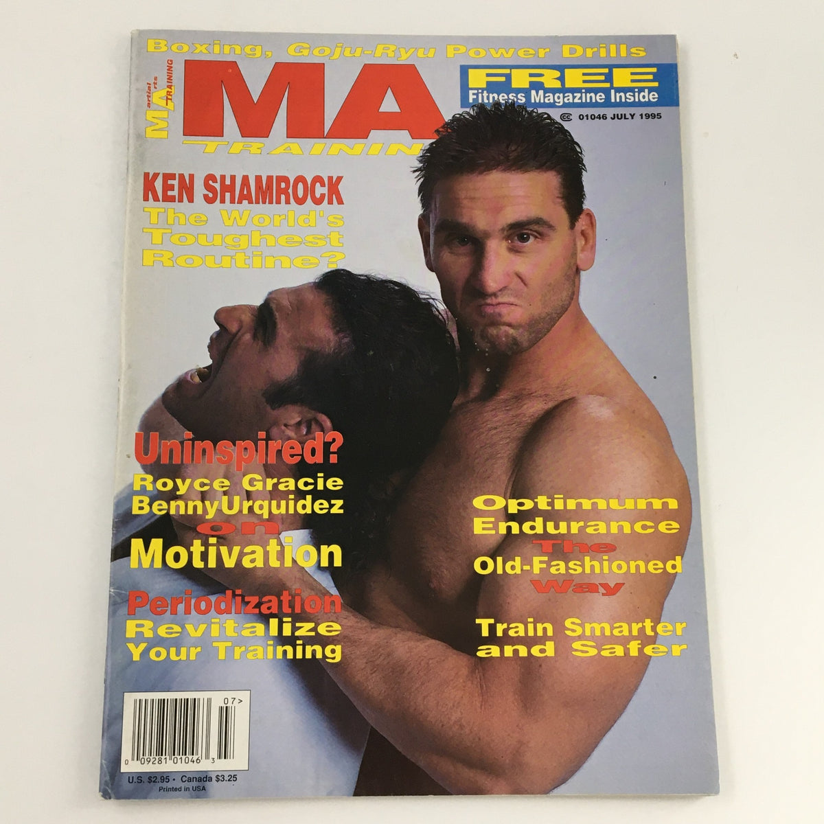 Cover of MA Training Magazine July 1995 with Ken Shamrock, emphasizing topics like optimum endurance and revitalizing training alongside featured articles.