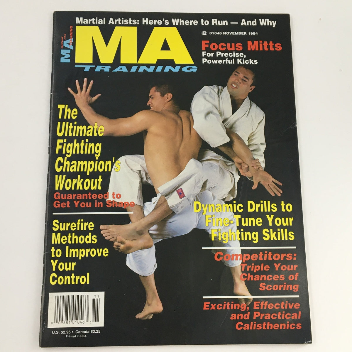Front cover of MA Training Magazine, November 1994, highlighting 'Ultimate Fighting Champion's Workout', featuring fighters engaged in a training session, and articles on effective fighting techniques.
