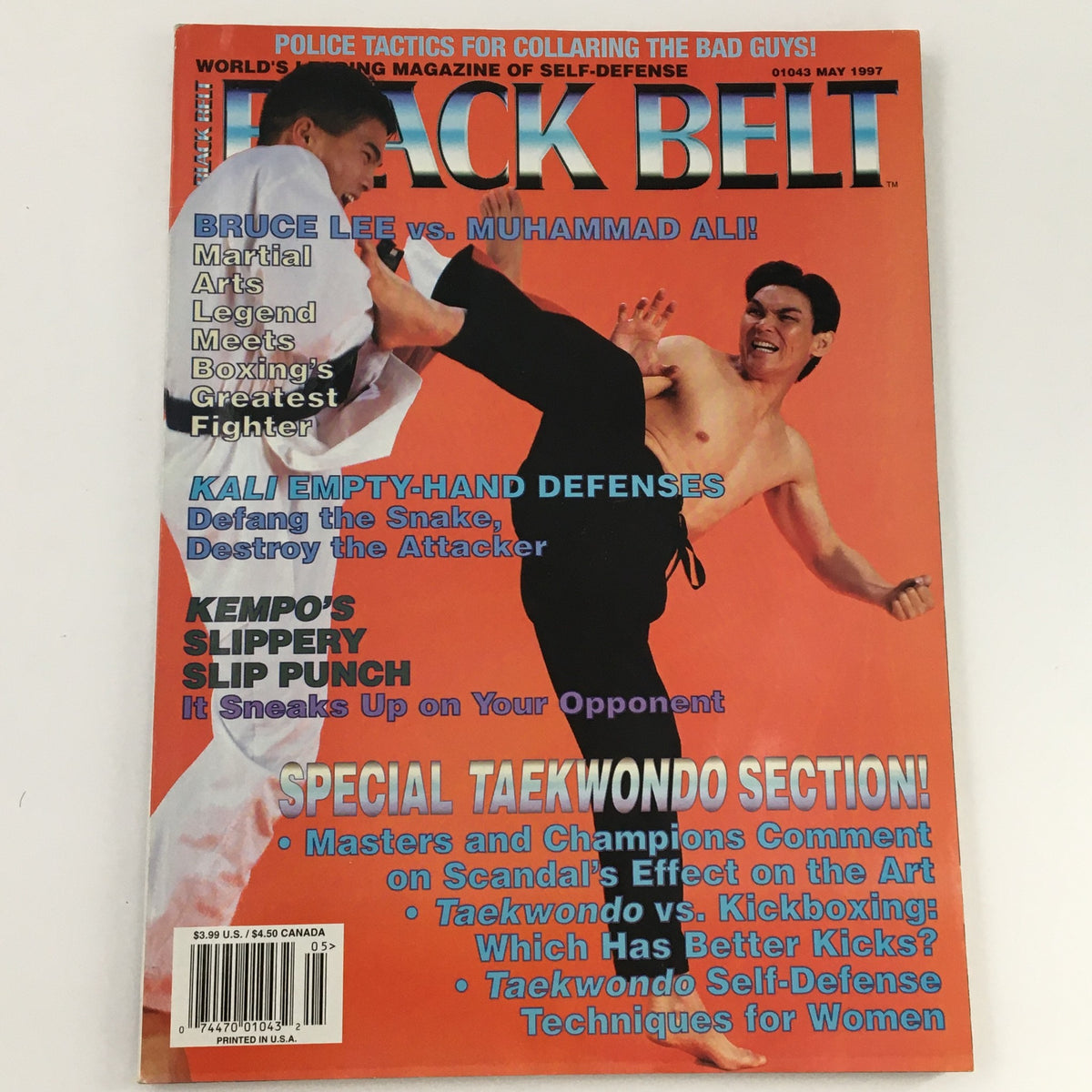 Cover of Black Belt Magazine May 1997 featuring Bruce Lee vs Muhammad Ali. Highlights martial arts and boxing, with articles on fighting techniques and self-defense.