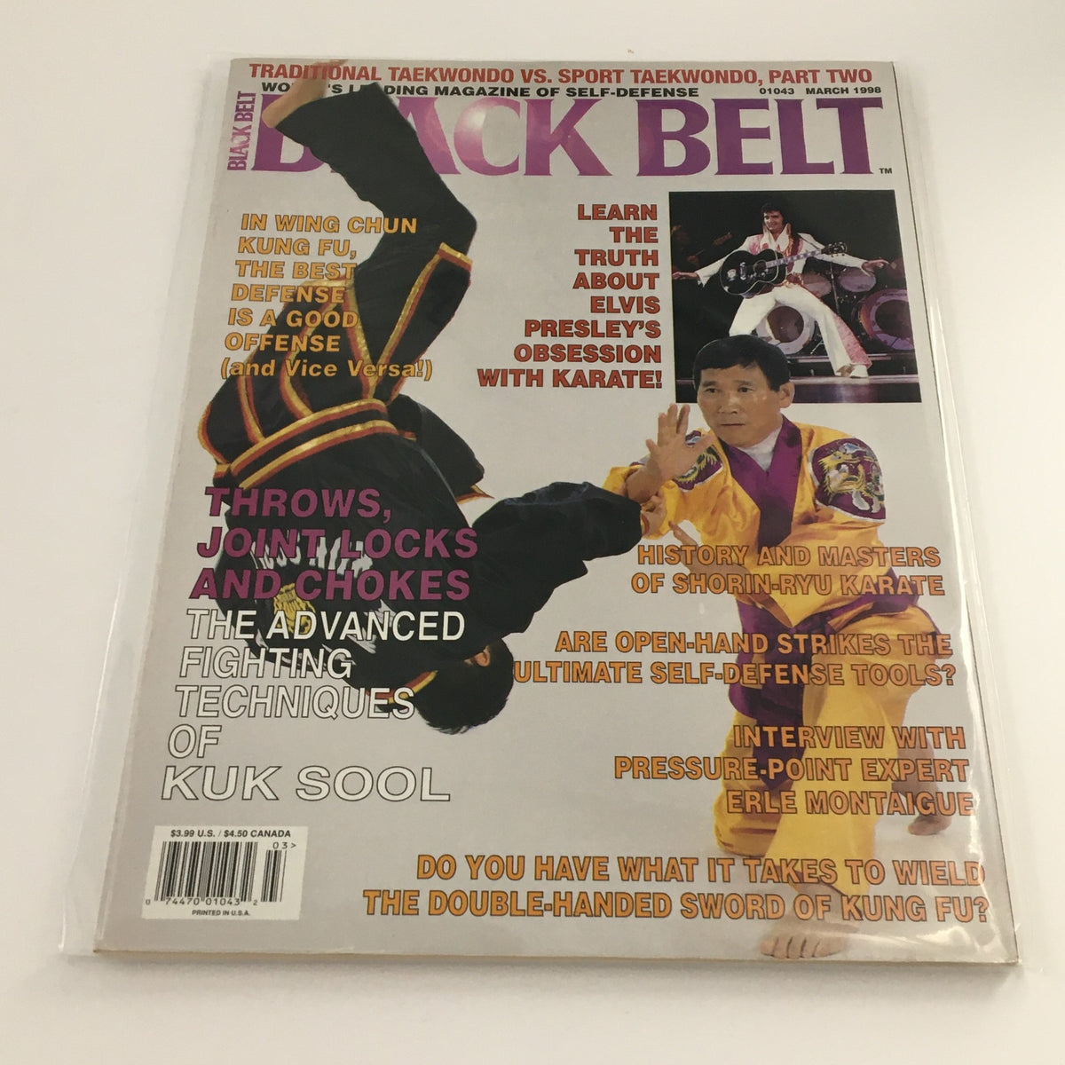 Front cover of Black Belt Magazine, March 1998, featuring advanced fighting techniques of Kuk Sool, with a martial artist performing a move. Includes highlights on Wing Chun Kung Fu, Elvis Presley’s connection to Karate, and other martial arts topics.