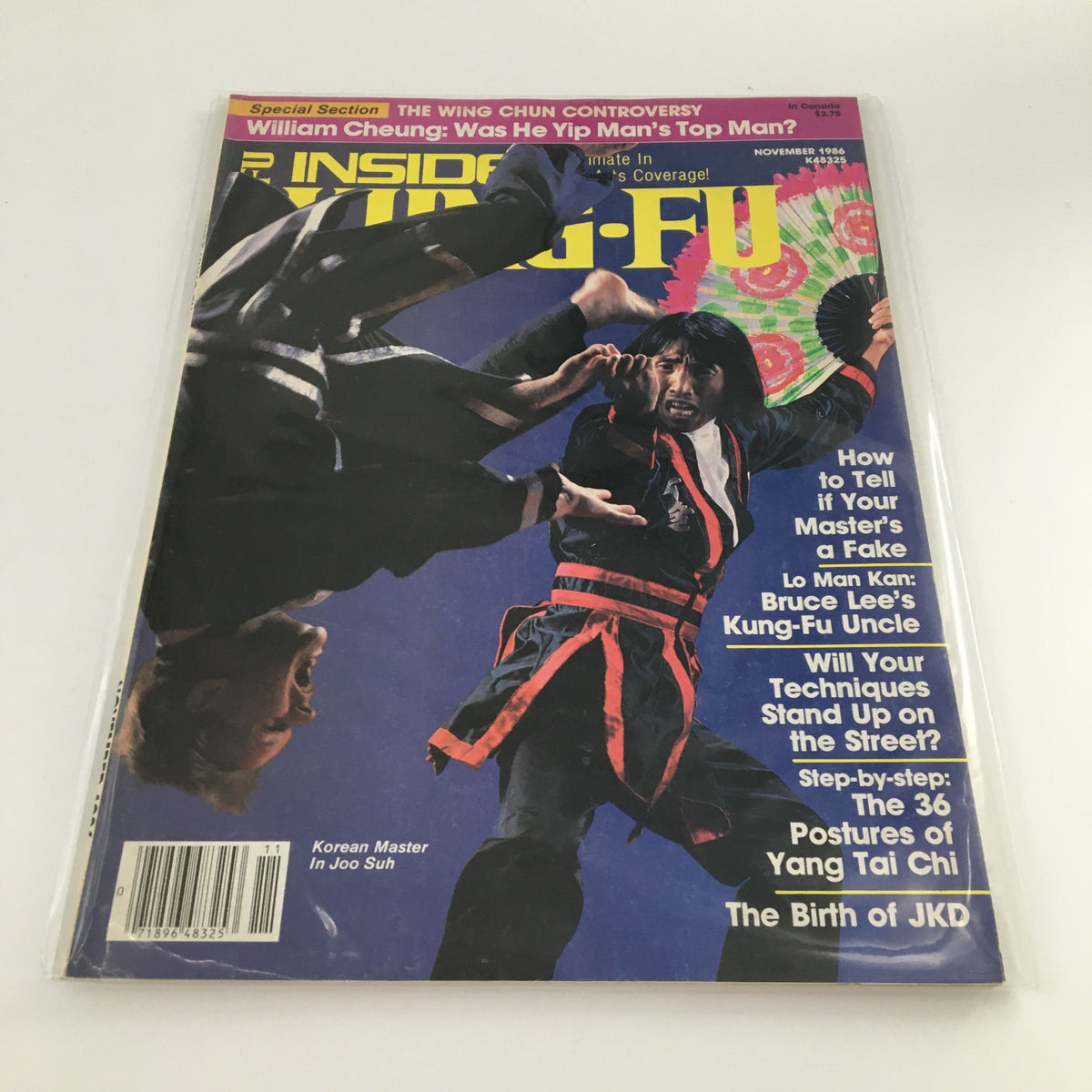Inside Kung-Fu Magazine November 1986 cover featuring Korean Master In Joo Suh demonstrating martial arts techniques. The cover highlights articles on Kung-Fu, including tips on recognizing authentic masters and the birth of Jeet Kune Do.