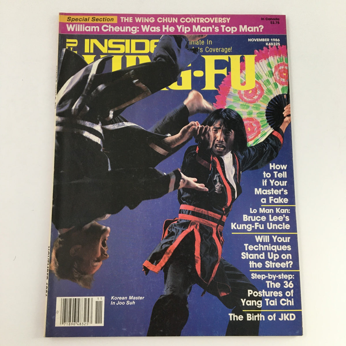 Inside Kung-Fu Magazine November 1986, showcasing Korean Master In Joo Suh in action. The cover presents features on Kung-Fu techniques and cultural insights, emphasizing the era's martial arts trends.