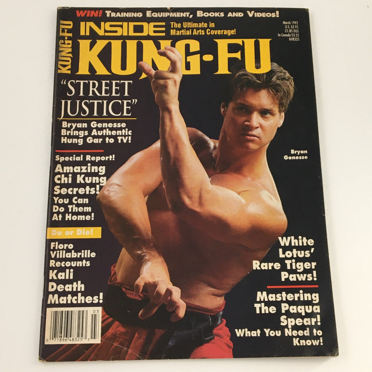 Cover of Inside Kung-Fu Magazine, March 1992 issue featuring Bryan Genesse in a striking pose. The magazine focuses on 'Street Justice', traditional Hung Gar, and various martial arts techniques, encapsulating the essence of 90s martial arts.