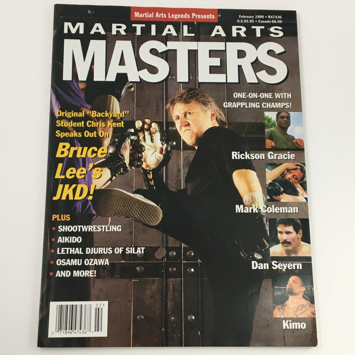 Martial Arts Masters Magazine February 1999 cover depicting Rickson Gracie, with highlights on grappling champions and martial arts techniques, along with featured articles on Bruce Lee's JKD.