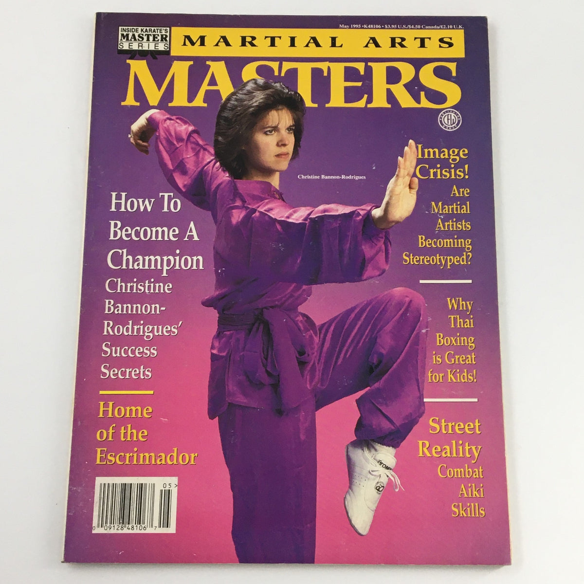 Cover of Martial Arts Masters May 1995 featuring Christine Bannon-Rodrigues demonstrating martial arts techniques, highlights include How To Become A Champion and Success Secrets.