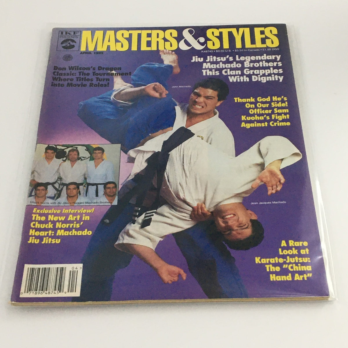 Masters & Styles Magazine April 1995 cover featuring John Machado and Jean-Jacques Machado demonstrating Brazilian Jiu-Jitsu techniques, showcasing martial arts culture and highlighting the legendary Machado brothers.