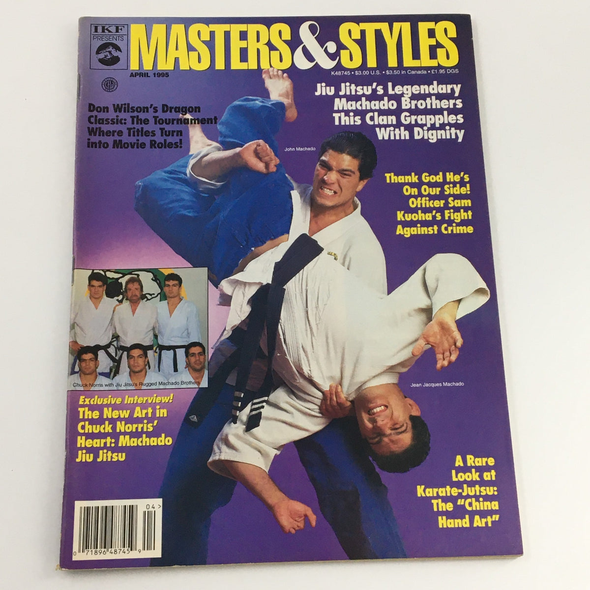 Masters & Styles Magazine April 1995 cover with John Machado and Jean-Jacques Machado in action, emphasizing the significance of their contributions to martial arts and Brazilian Jiu-Jitsu.