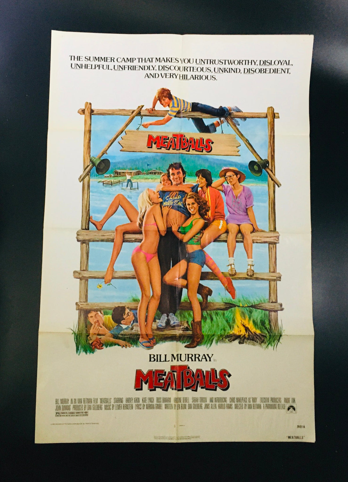 1979 MeatBalls 27 x 41 Original Movie Poster featuring Bill Murray with vibrant summer camp scene and playful characters.
