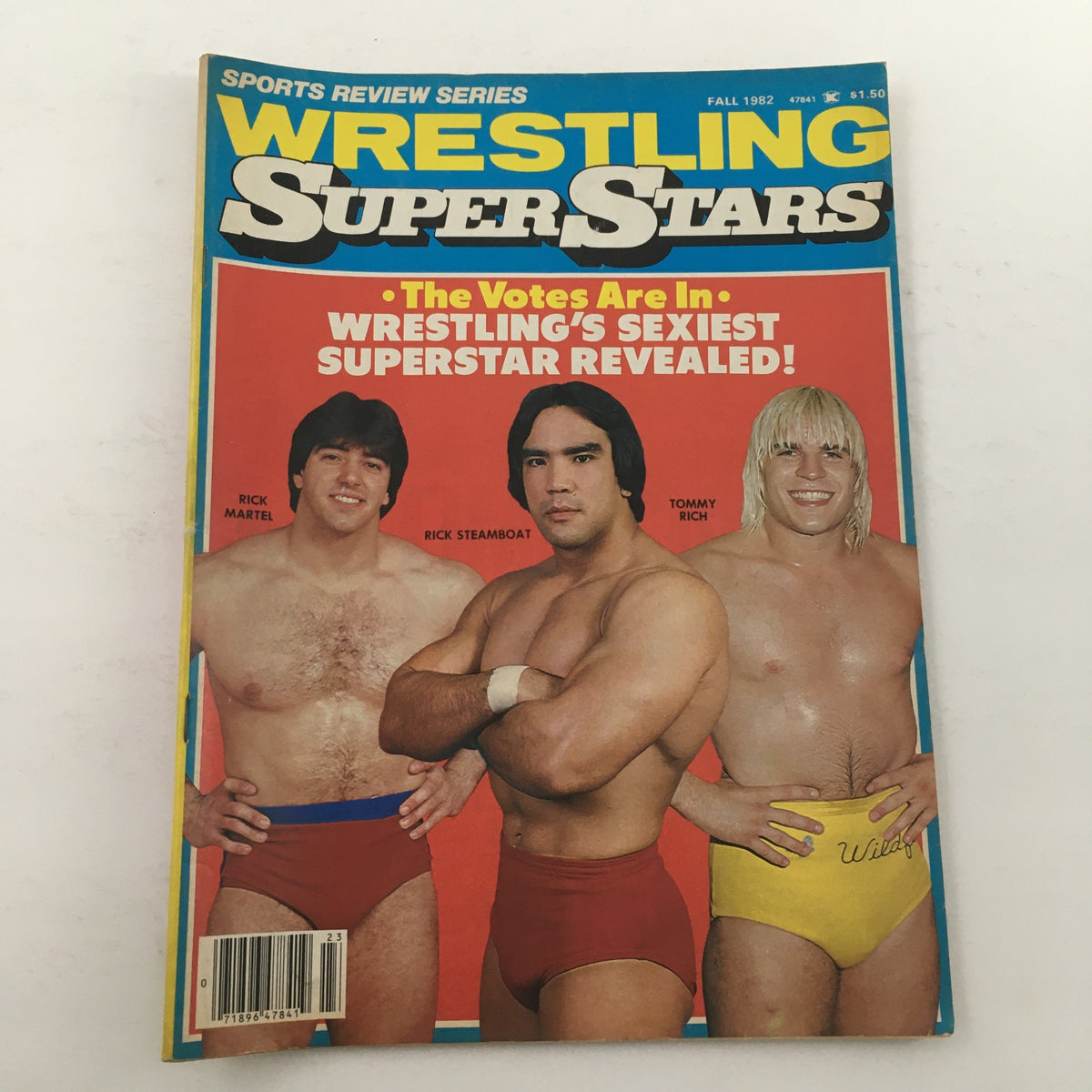 Cover of Wrestling Superstars Magazine Fall 1982 featuring Rick Martel, Rick Steamboat, and Tommy Rich posing in wrestling attire. The magazine highlights wrestling's sexiest superstar revealed.