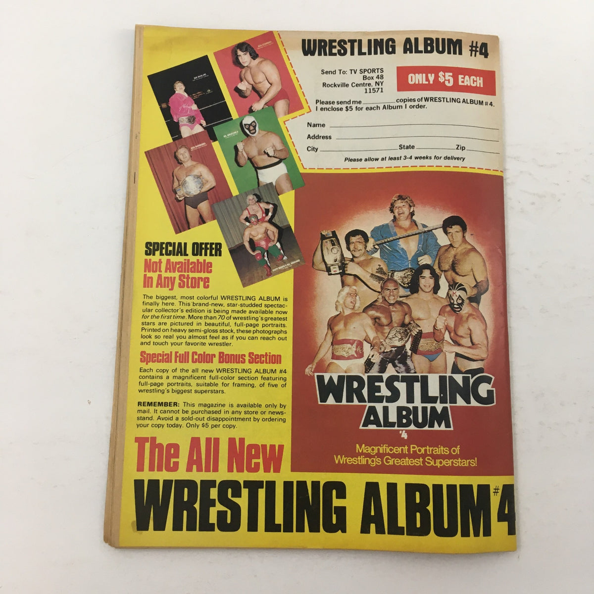 Back cover of Wrestling Superstars Magazine Fall 1982 showcasing Wrestling Album #4 advertisement with colorful portraits of wrestling superstars. Special offers and ordering information included.