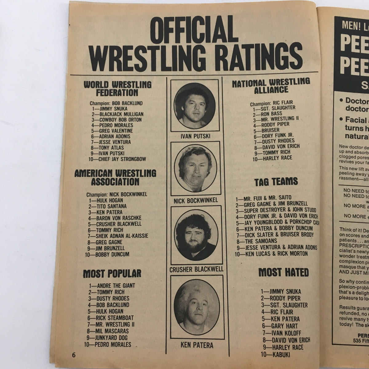 Page showing official wrestling ratings from Wrestling Superstars Magazine Fall 1982, listing top wrestlers and tag teams in various wrestling organizations.