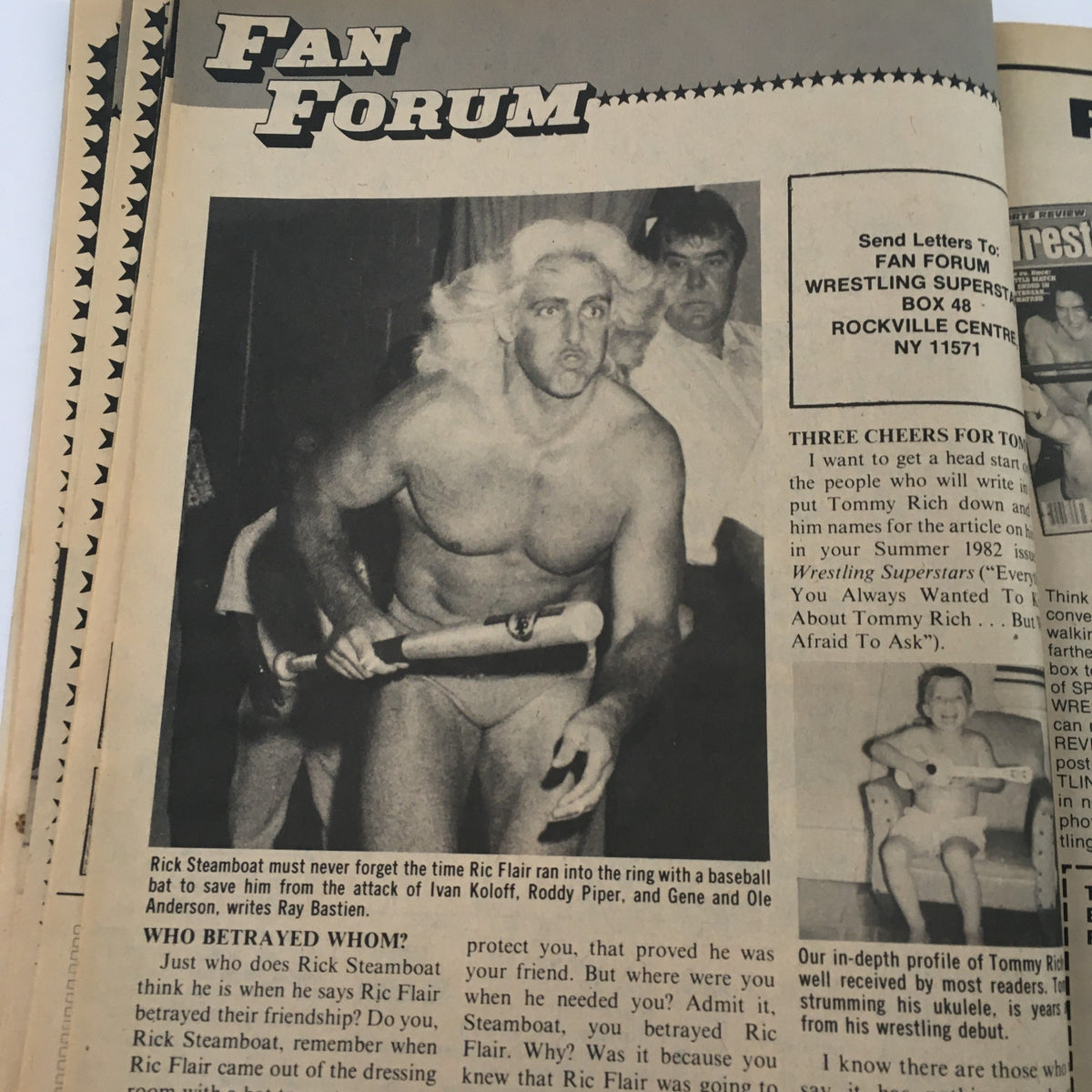 Page from Wrestling Superstars Magazine Fall 1982 with the 'Fan Forum' section discussing the friendship and rivalry between Rick Steamboat and Ric Flair.