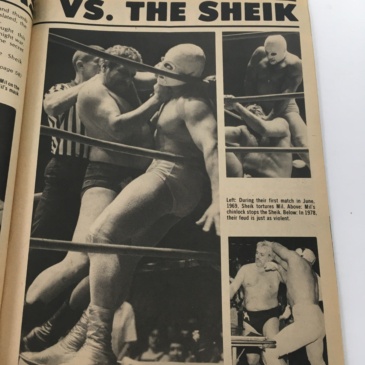 Wrestling Superstars Magazine Fall 1982 captures a scene from a wrestling match featuring The Sheik, showcasing the intense rivalry and dramatic moments between him and his opponents.