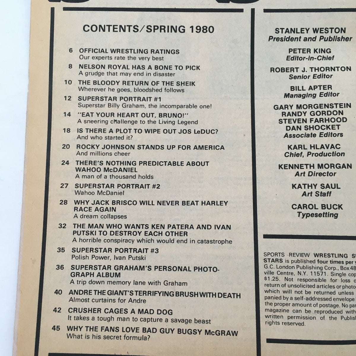 Contents page of Wrestling Superstars Magazine Spring 1980 highlighting articles and features including Superstar portraits and Andre The Giant's Brush with Death.