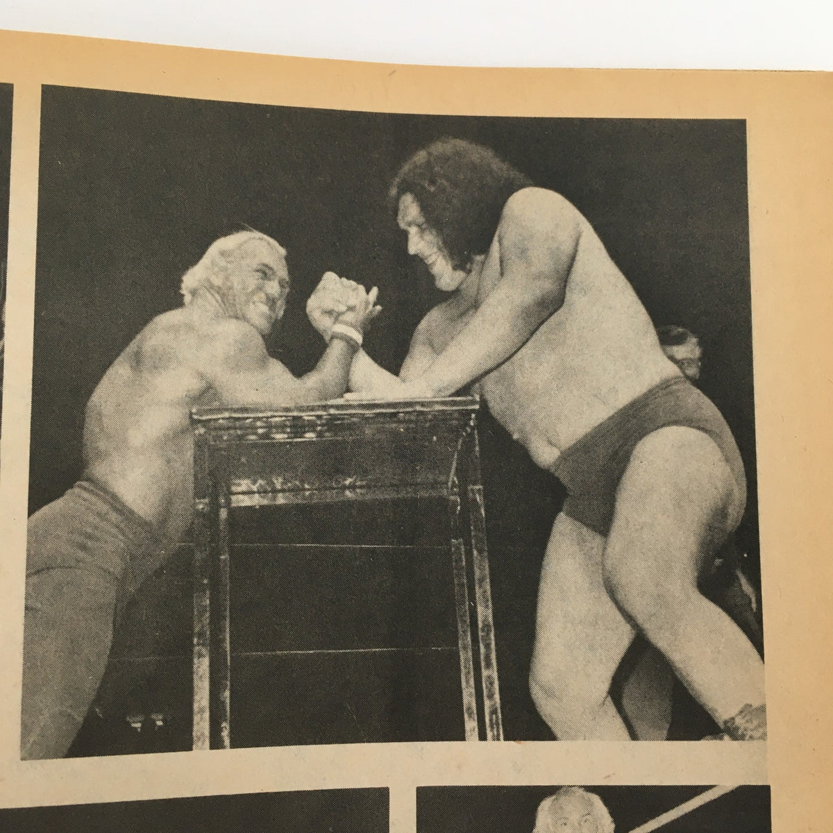 Wrestling Superstars Magazine Spring 1980 interior image capturing a classic arm wrestling match between wrestling stars, illustrating the era's competitive spirit.