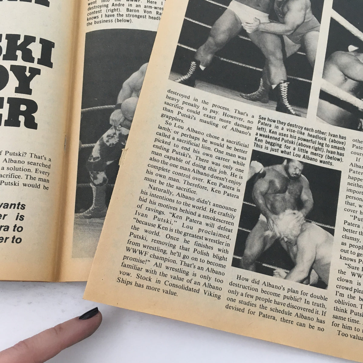 Wrestling Superstars Magazine Spring 1980 page displaying detailed commentary about wrestlers, featuring an article about the challenges faced by Ken Patera and Ivan Putski.