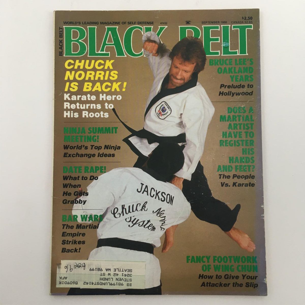 Cover of Black Belt Magazine September 1986 featuring Chuck Norris, showcasing his return to karate roots. The issue highlights martial arts topics including ninjas, self-defense techniques, and the Chuck Norris System in excellent condition.