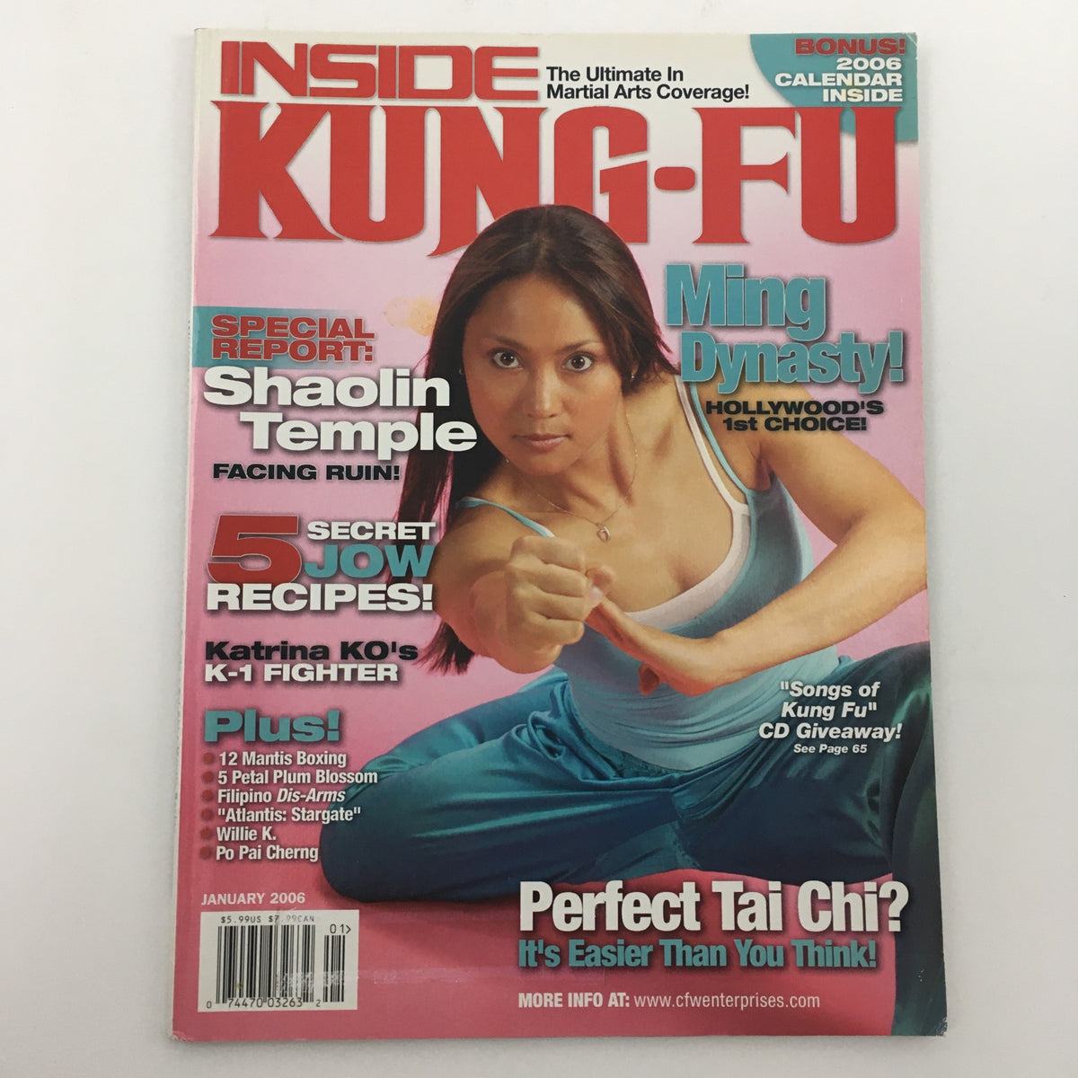 Cover of Inside Kung-Fu Magazine January 2006 featuring Katrina KO's K-1 Fighter, including articles on Shaolin Temple, five secret Jow recipes, and a special report on martial arts.