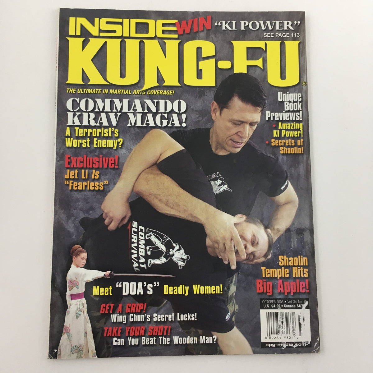Inside Kung-Fu Magazine October 2006 cover showcasing Krav Maga, featuring a martial arts grappling scene and promotions for articles on combat techniques and 'DOA' film essentials.