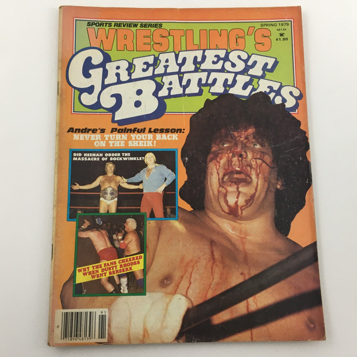 Wrestling's Greatest Battles Magazine Spring 1979 featuring Andre The Giant's Painful Lesson with highlights of iconic wrestling matches and dramatic cover art.