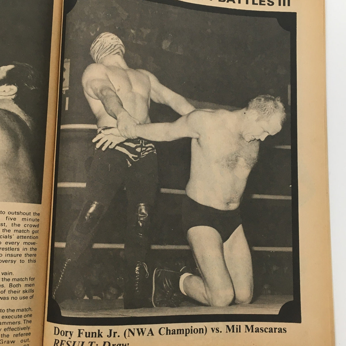 Interior page of Wrestling's Greatest Battles Magazine Spring 1979 illustrating a vintage wrestling match between Dory Funk Jr. and Mil Mascaras, highlighting classic wrestling battles.