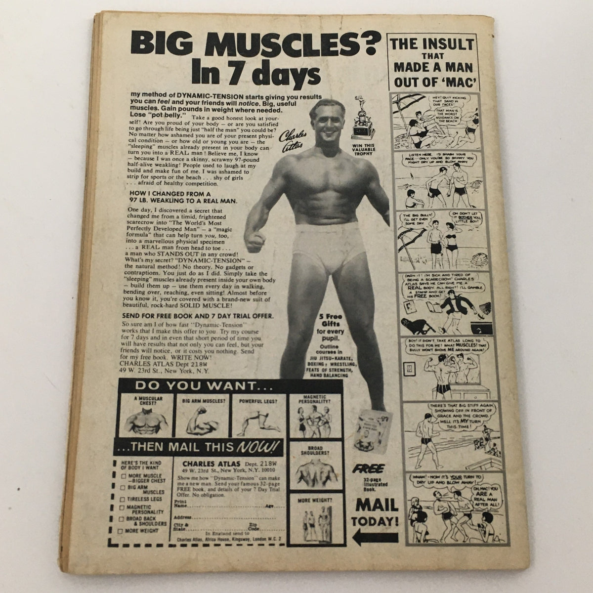 Back cover of Wrestling's Greatest Battles Magazine Fall 1978 featuring an advertisement for Charles Atlas's Dynamic-Tension workout program with a photo of a muscular man promoting bodybuilding results.