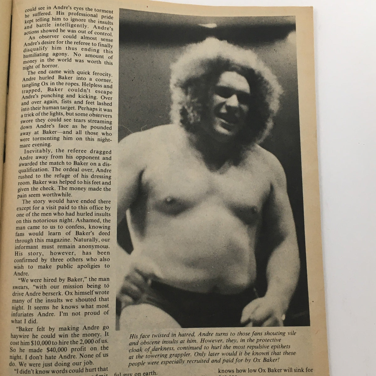 Page from Wrestling's Greatest Battles Magazine Fall 1978 depicting Andre the Giant during a match against Ox Baker, showcasing the intensity and emotions of their wrestling rivalry.