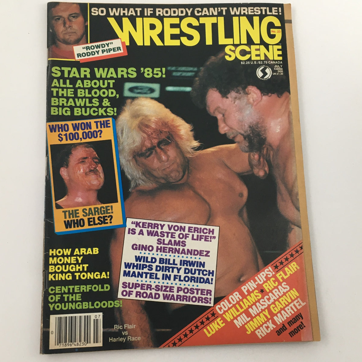 Wrestling Scene Magazine July 1985 Issue #23 featuring Ric Flair vs Harley Race. The vibrant cover also highlights Rowdy Roddy Piper and promotional text about wrestling events.