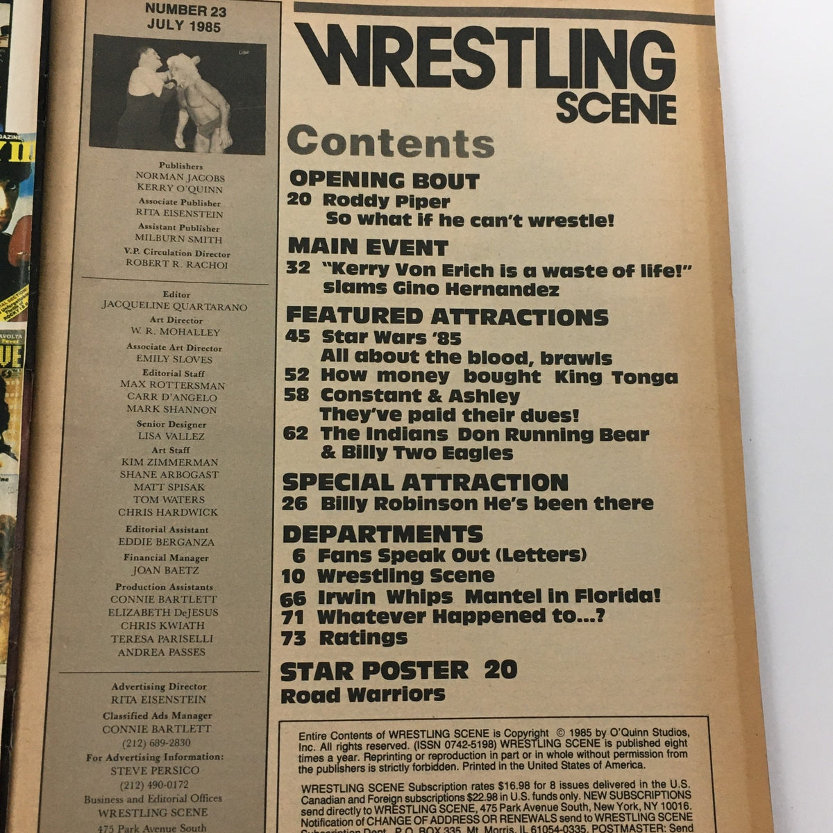 Contents page of Wrestling Scene Magazine July 1985 Issue #23. It includes article titles and contributors related to wrestling, featuring Ric Flair and Harley Race.