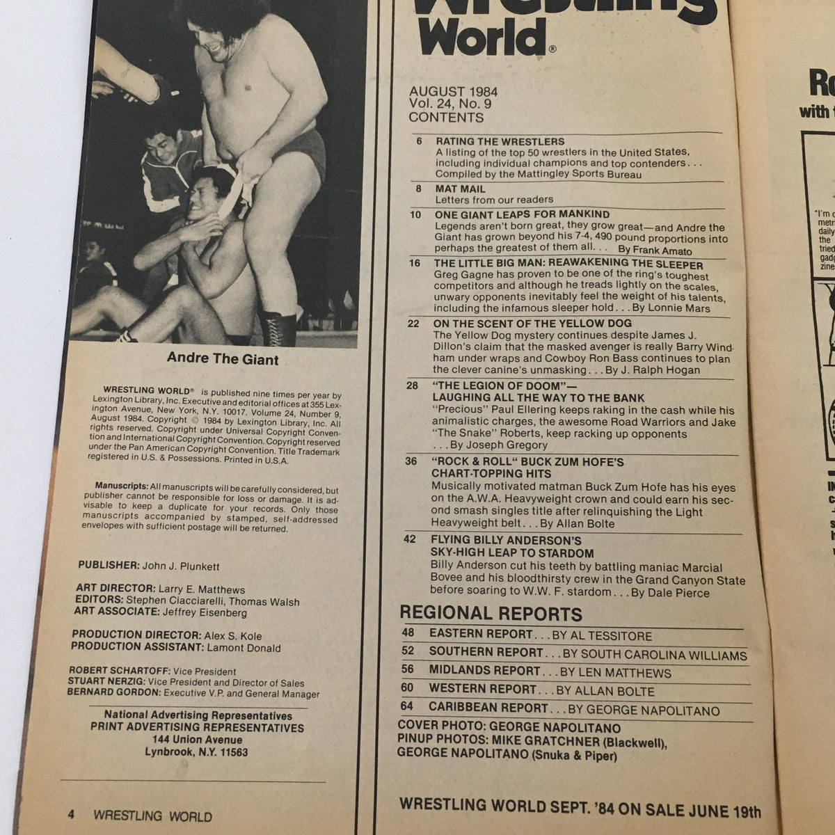 Interior page of Wrestling World Magazine August 1984, showcasing the table of contents and highlighting features including a profile on Andre the Giant.