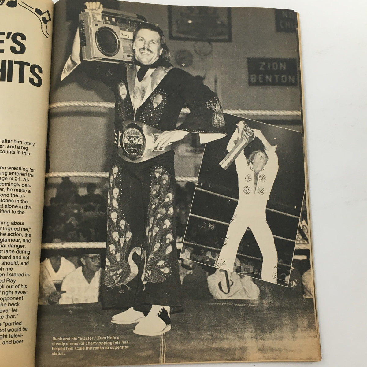 Image from Wrestling World Magazine August 1984 depicting wrestler Buck and his blaster, featuring him in a flashy outfit, reflecting the wrestling culture of the time.