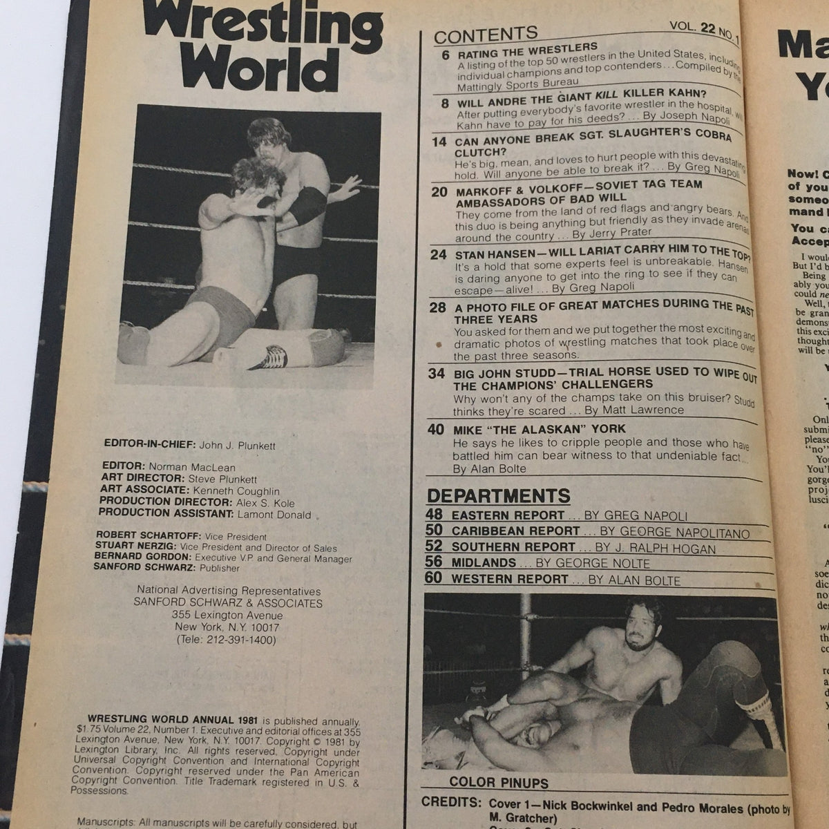 Wrestling World Magazine 1981 contents page featuring various wrestling match highlights and editorial details.
