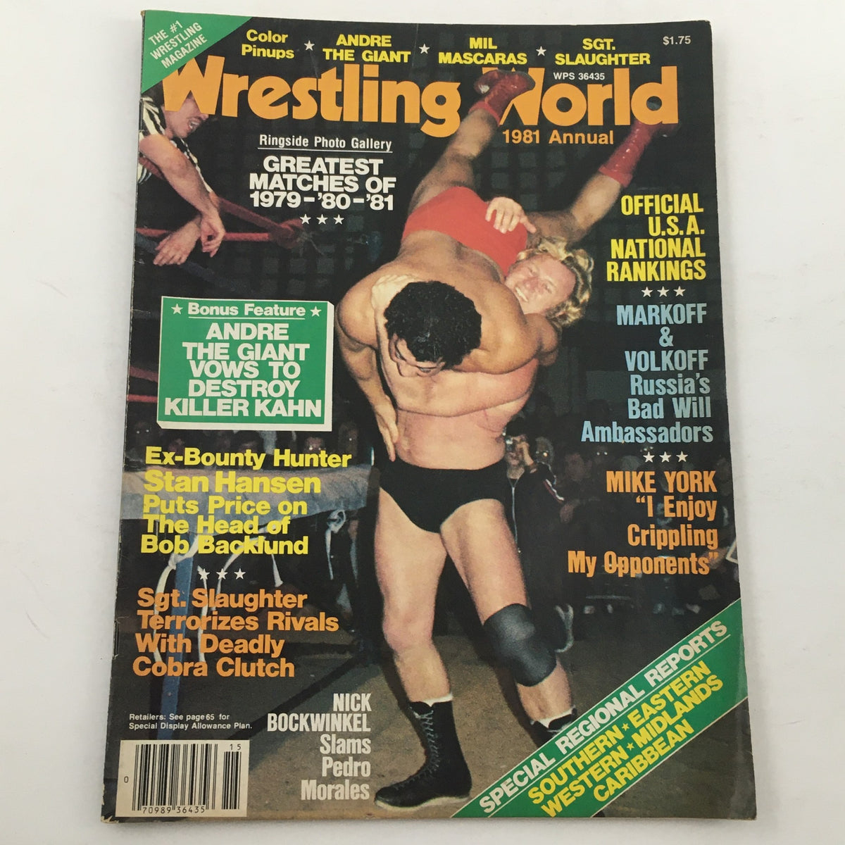 Cover of Wrestling World Magazine 1981 featuring Andre the Giant with bold text stating 'Andre the Giant Vows to Destroy Killer Kahn' and showcasing wrestling matches from 1979 to 1981.