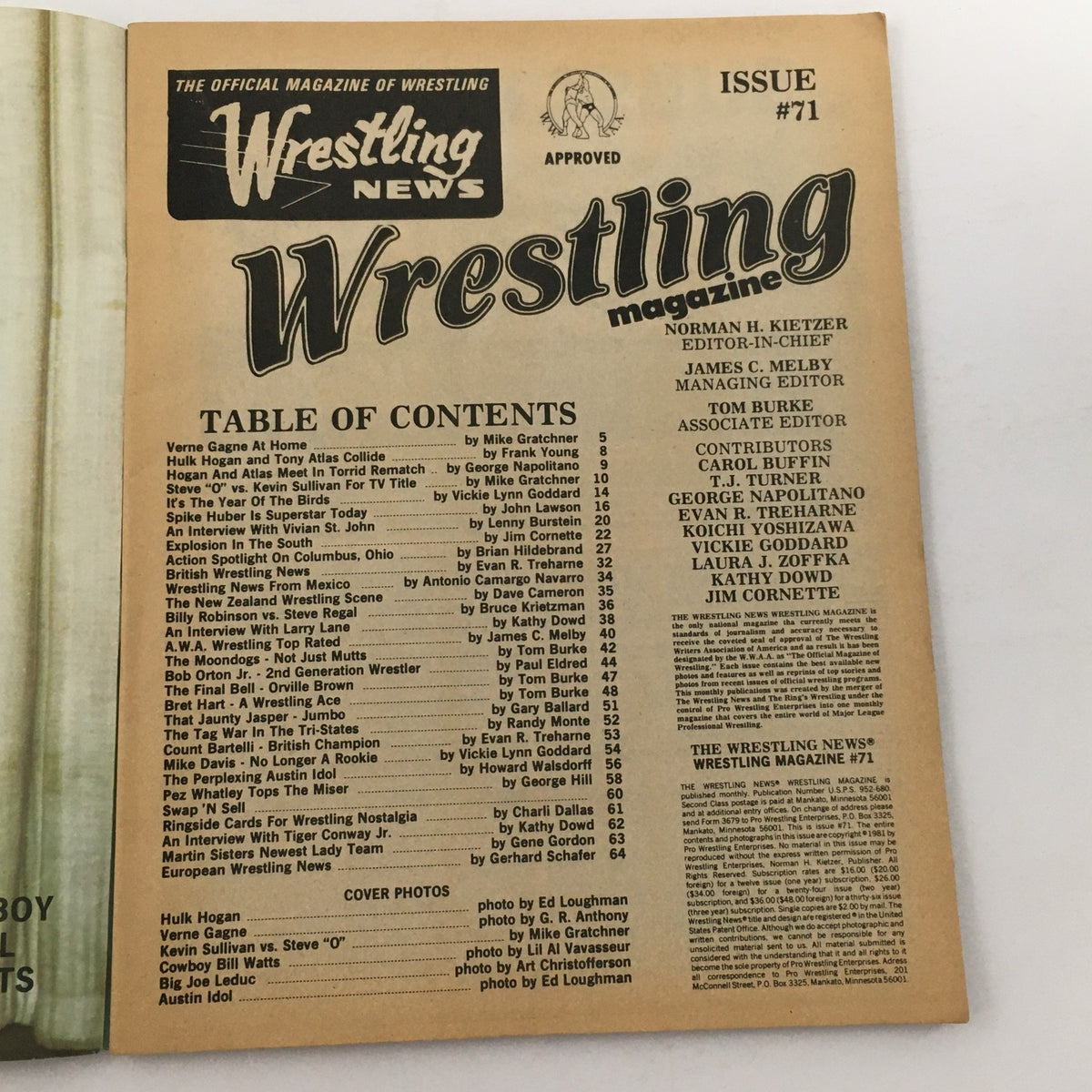 Table of contents page within Wrestling Magazine #71 from 1981, showcasing articles on wrestling legends and events.