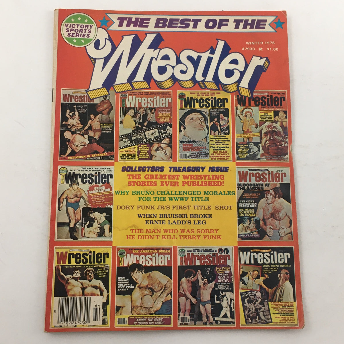 Cover of The Best of the Wrestler Magazine Winter 1976 featuring various wrestling stars and a vibrant layout, highlighting Freddie Blassie Vampire Feature.