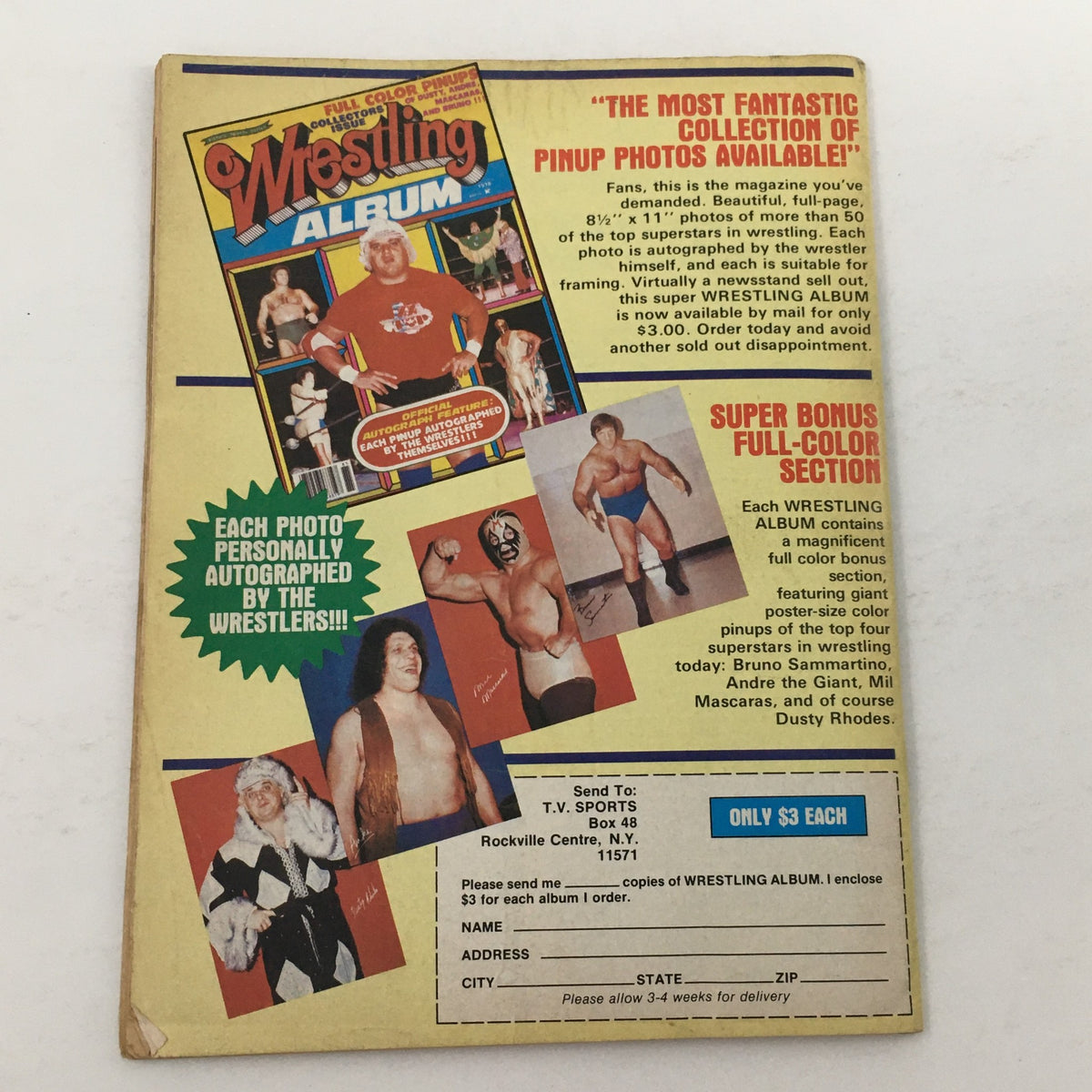 Wrestling Album advertisement featuring stunning pinup photos of professional wrestlers. Includes a promotional offer with autographed photos. Title: The Best of the Wrestler Magazine Summer 1979.
