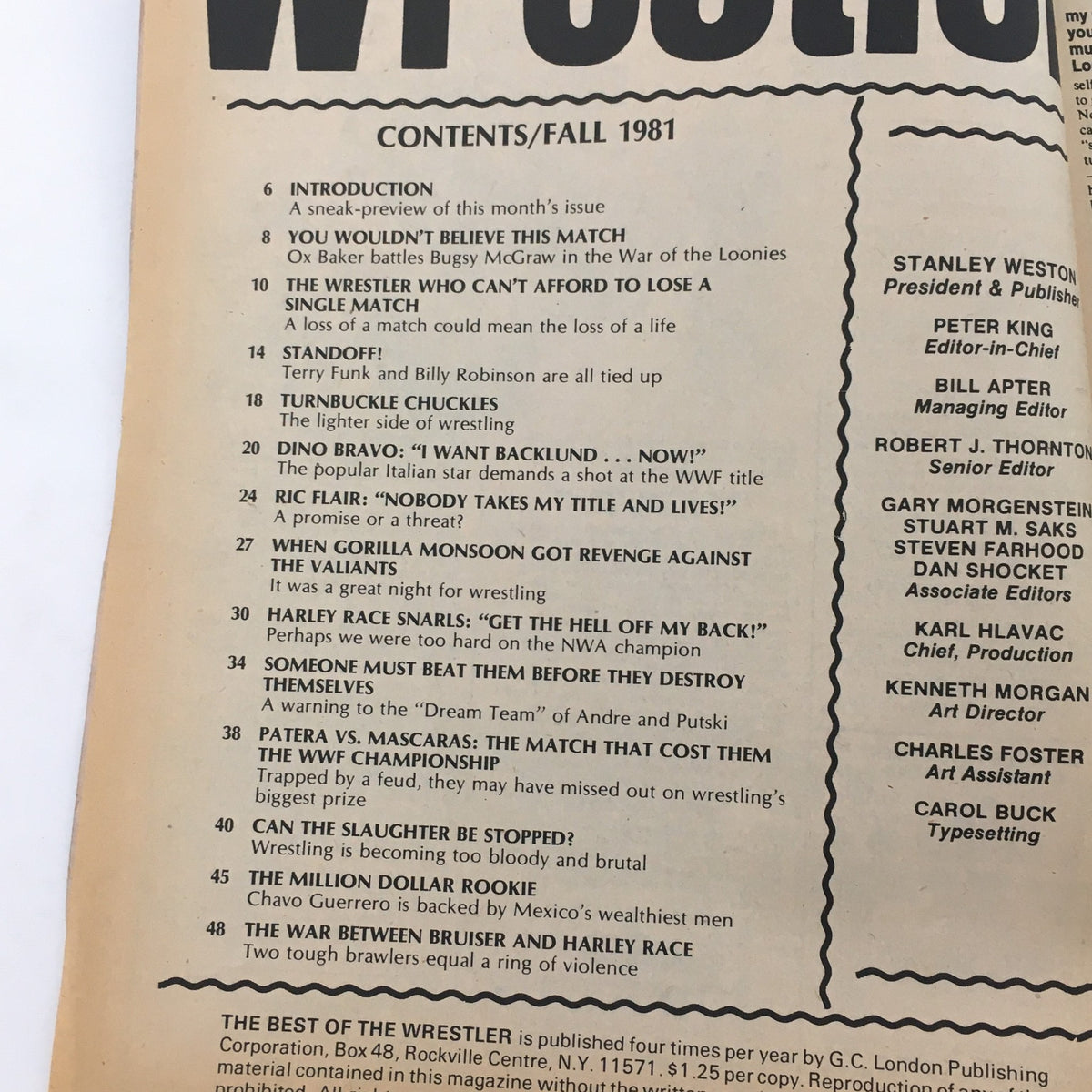 Contents page of The Best of the Wrestler Magazine Fall 1981 detailing articles and features including matches and wrestler spotlights, highlighting Andre the Giant and Ivan Putski.