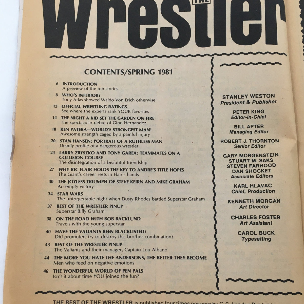 Contents page of The Best of the Wrestler Magazine Spring 1981, listing articles, profiles, and features including Ric Flair and wrestling personalities.