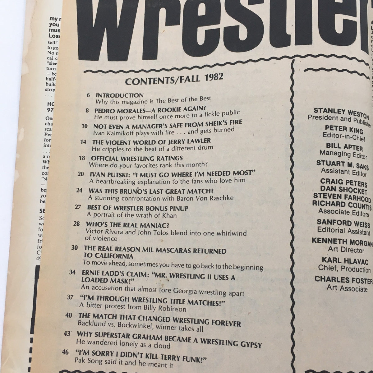 Contents page of The Best of the Wrestler Magazine Fall 1982, listing various wrestling articles and features.