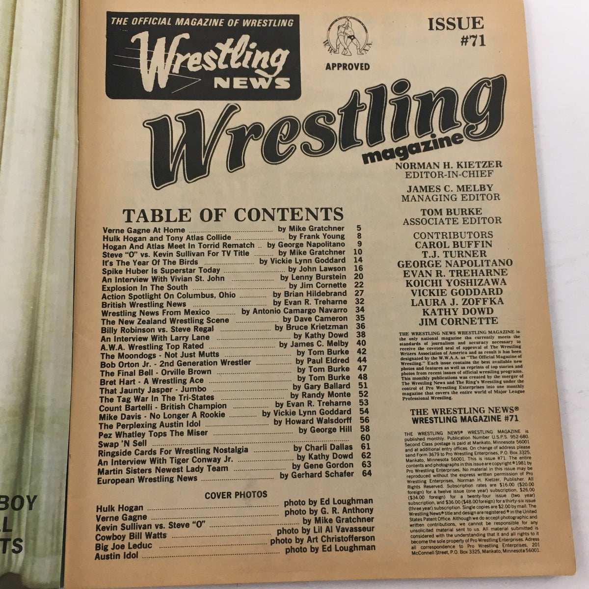 Wrestling Magazine #71 from 1981, featuring the table of contents and editorial staff, highlighting articles on wrestling legends including Hulk Hogan and Austin Idol.