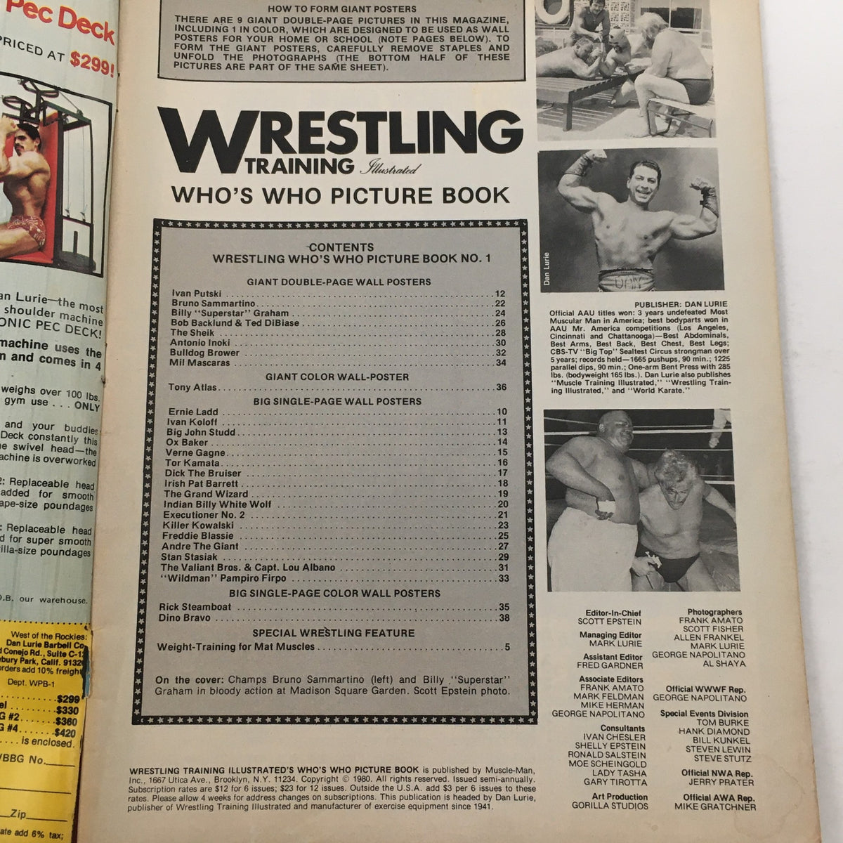 Interior page of Wrestling Training Illustrated Magazine Spring 1980 displaying contents and images of wrestling stars, including Billy 'Superstar' Graham.