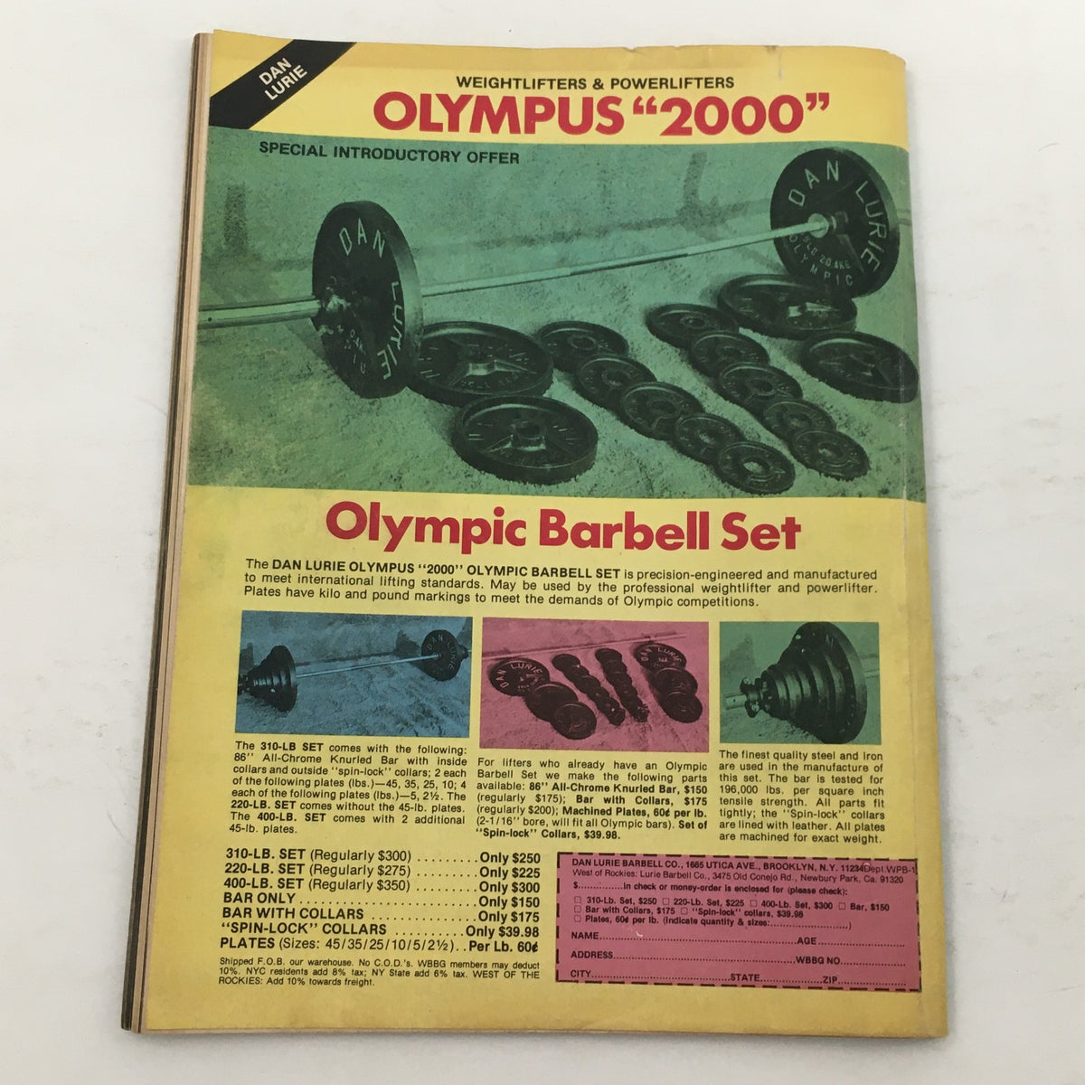 Olympus '2000' Olympic Barbell Set advertisement featured in Wrestling Training Illustrated Magazine Spring 1980, showcasing weightlifting gear and pricing.