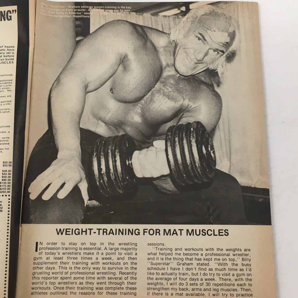 Black and white image of wrestling icon Billy 'Superstar' Graham demonstrating weight-training techniques in Wrestling Training Illustrated Magazine Spring 1980.