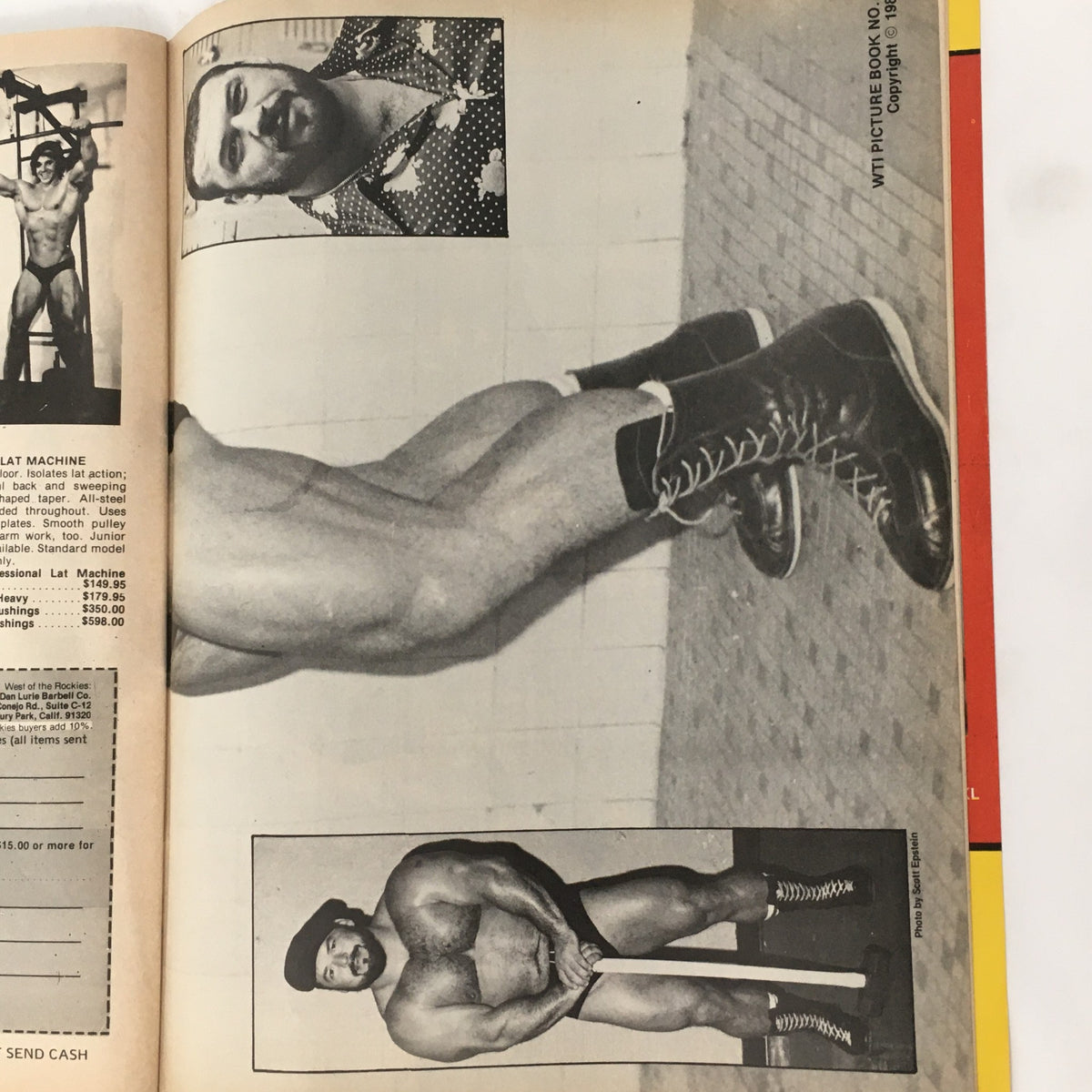 Images of professional wrestlers from Wrestling Training Illustrated Magazine Spring 1980, including workout equipment and training tips.