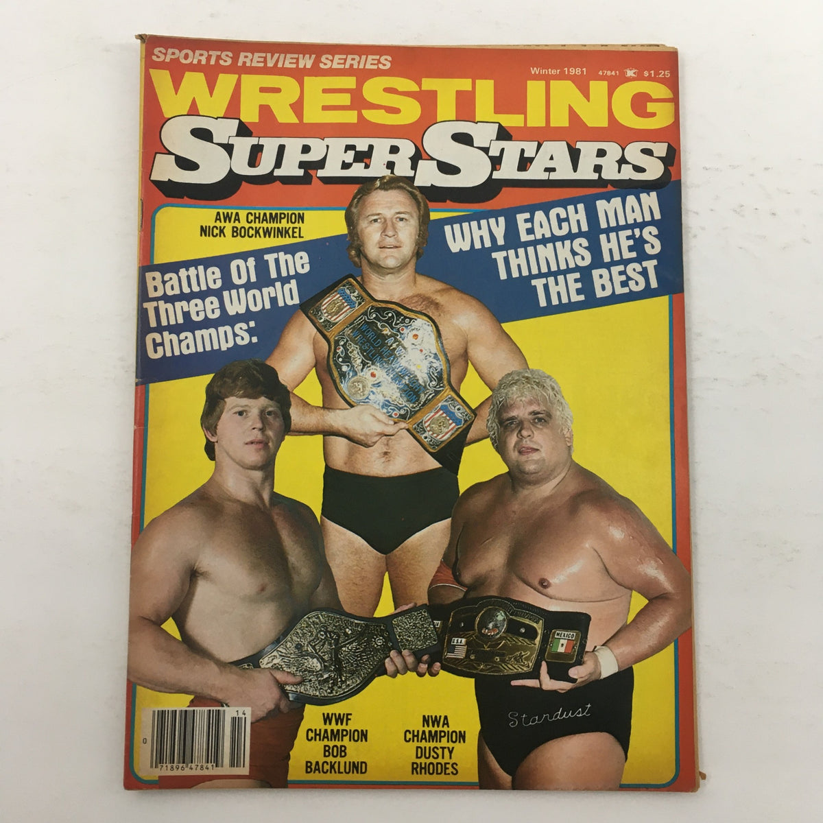 Wrestling Superstars Magazine Winter 1981 cover featuring AWA Champion Nick Bockwinkel, WWF Champion Bob Backlund, and NWA Champion Dusty Rhodes.