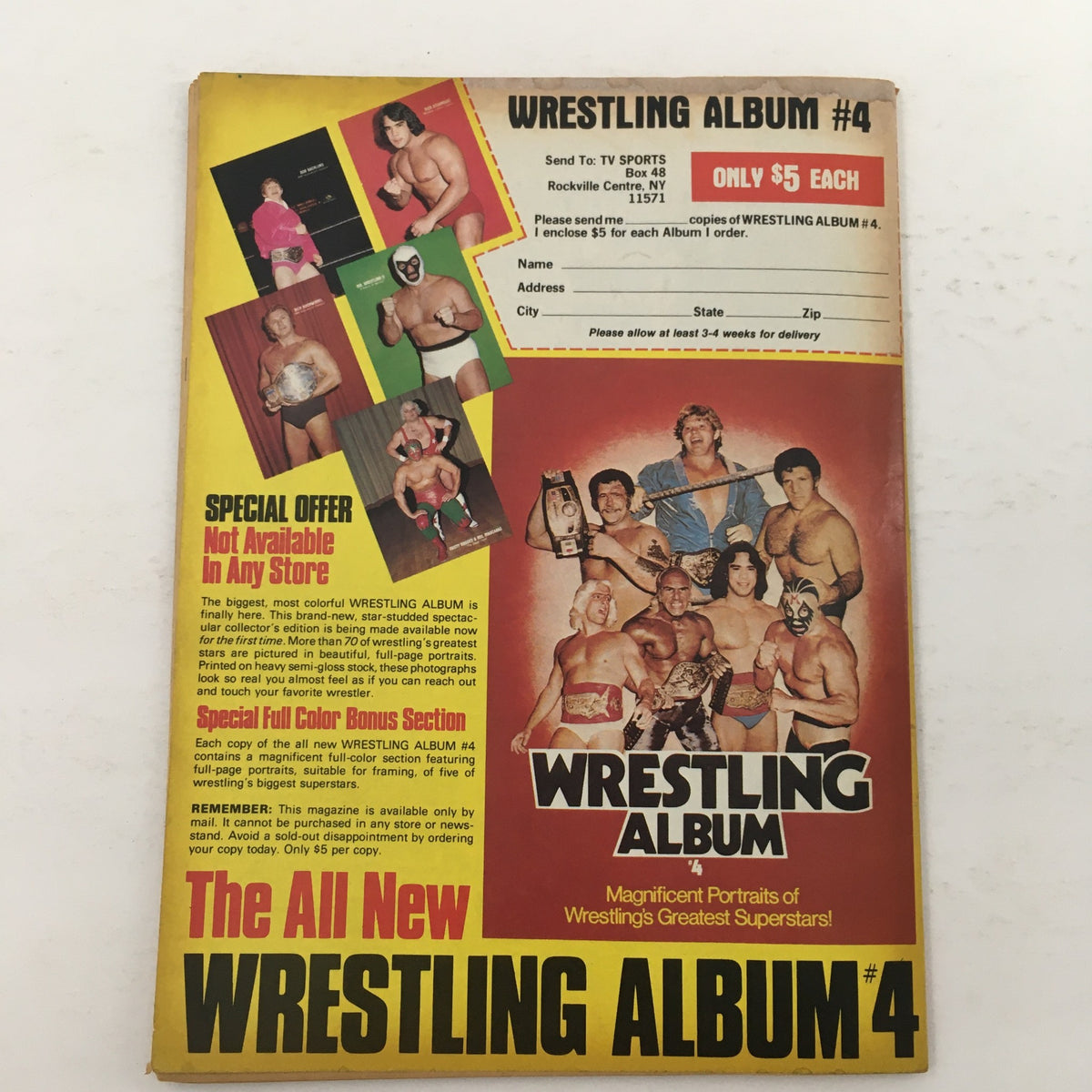 Wrestling Superstars Magazine Winter 1981 featuring an advertisement for Wrestling Album #4, displaying colorful portraits of prominent wrestlers.