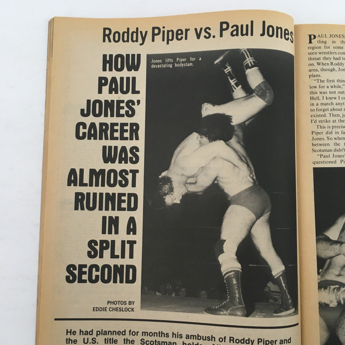 Image from Wrestling Superstars Magazine Winter 1981 depicting a wrestling match between Roddy Piper and Paul Jones, showcasing a pivotal moment where Jones lifts Piper for a bodyslam.