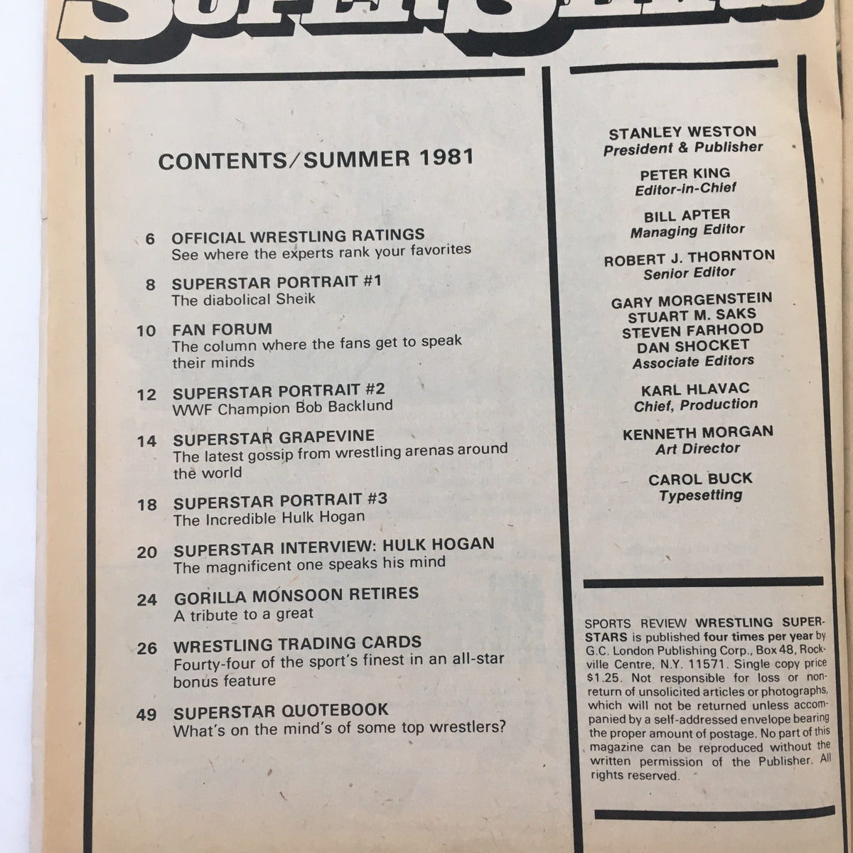 Contents page of Wrestling Superstars Magazine Summer 1981 featuring highlights like official wrestling ratings and portraits of legendary wrestlers including Hulk Hogan and Bob Backlund.